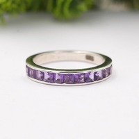 Bague solitaire en argent sterling faite à la main avec pierre d'améthyste indienne, style vintage, certifiée par une tierce partie, bague unisexe