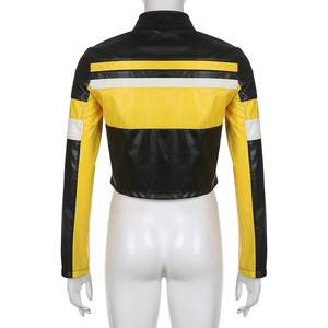 Chaqueta Corta de Invierno para Mujer, de Cuero Genuino, con Parches en Contraste de Color, con Cremallera, Tejida, Ecológica y Ligera - Product Image 3