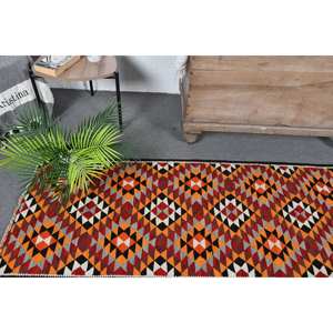 Alfombra Kilim turca vintage de 23x88 pies, diseño de retales naranja y rojo llamativo, Alfombra de yute de lana de tejido plano para adolescentes para uso en el pasillo - Product Image 2