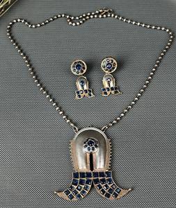 Oxidized <b>Silver</b> Blue Stone Statement <b>Necklace</b> <b>Set</b> with Stud <b>Earrings</b> Gift for Wife - Product Image 3