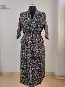 Robe kimono d'été pour femme en coton 100%, col en V, manches courtes, longueur totale, imprimé floral indien, tissu doux, décontracté, tendance - Product Image 4