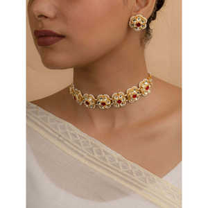 Ensemble de collier Jadau Kundan plaqué or de couleur rose - MS1591YP Bijoux en cuivre et laiton Rubis Perle Diamant Cadeau de mariage principal - Product Image 2