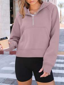 Sweat à capuche personnalisé en coton polaire à demi-fermeture éclair Sweat à capuche à fermeture éclair surdimensionné à manches longues pour femmes - Product Image 4