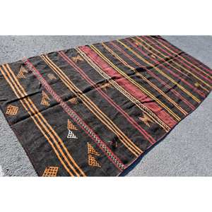 พรมสไตล์ชนเผ่าตุรกี6 'x 12' แนววินเทจวัสดุขนสัตว์ดีไซน์เย็บปะสีแดงและดำมีแผ่นรองยาง3ฟุต - Product Image 2