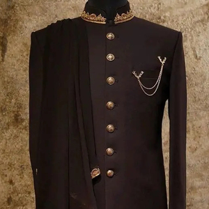 Belle et décente broderie sur sherwani en soie marron foncé, pantalon avec étole et chaussure assortie pour la fête/mariage @ 2024 - Product Image 1