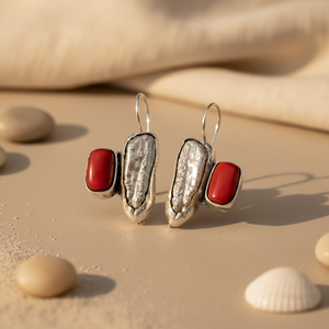 Boucles d'oreilles pendantes vintage en argent 925 avec perle et corail rouge pour femme, cadeau - Product Image 1