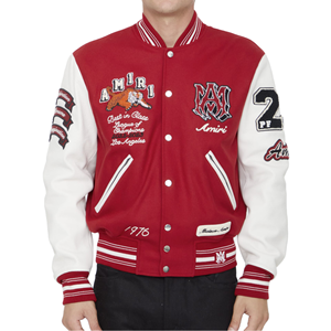 แจ็กเก็ตเบสบอลผ้าขนสัตว์แขนหนังปักลายสำหรับผู้ชายแขนเสื้อหนัง - Product Image 1