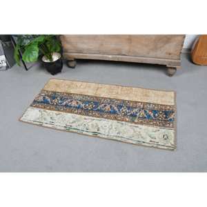 Vintage 1.8 X 3.6ft <b>Blue</b> Beige Turkish Wool <b>Rug</b> Classic <b>Large</b> Area Rectangle with Abstract Pattern for Hallway Latex Backing - Product Image 2