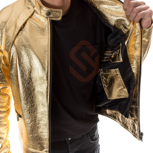 Veste de motard en cuir métallisé doré pour hommes en cuir de vachette véritable brillant veste en cuir de moto Disco Fashion - Product Image 5