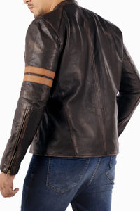 Chaqueta de Motociclista de Cuero Marrón Desgastado para Hombre con Rayas de Carreras - Product Image 5