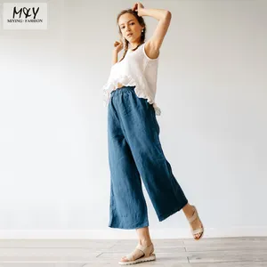 With Raw Edge and High Waist Linen Pants Fashion Casual Women Relaxed Fit Soft Loose Trousers Culottes in Blue Clothing Woman