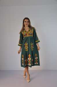 Venta al por mayor de las mujeres ecológicas de manga larga con cuello en V silueta suelta Casual Maxi vestido fajas cintura suelta Retro gitano tradicional - Product Image 2