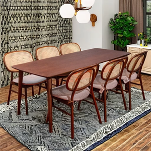 Modern Durable Wood <b>Dining</b> Set with <b>6</b> Cane <b>Chairs</b> and Woven Rattan Cushioned Seats for Apartment & Hotel Use - Product Image 1