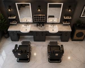 Mueble Moderno de Madera Negra para Salón de Belleza o Barbería con Lavabo, Estantes de Almacenamiento y Espejo Doble, Mobiliario Comercial - Product Image 2