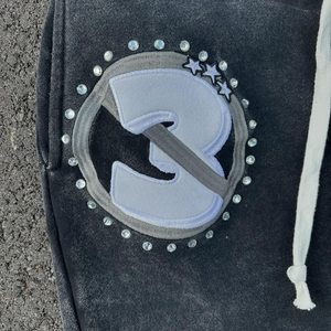 2025 Vintage Acid Wash Men's Sweat Suit Distressed Cut <b>Sew</b> Applique Embroidery Patch Logo Rhinestone Gem Stone Tracksuit Winter - Product Image 5