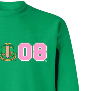 Sweat-shirt à col rond AKA 1908 Year Crest, vert forêt avec lettres grecques roses et blanches, pull en polaire pour sororité - Product Image 2