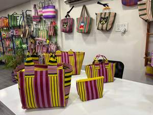 Premium Quality Eco-Friendly Recycled <b>Nylon</b> Striped Reusable Tote <b>Bag</b> Pouch Ribbon Handle Zipper Closure <b>Shoulder</b> <b>Bags</b> Set-Bulk - Product Image 4