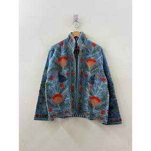 Manteaux d'automne et d'hiver Poppy Garden, veste en velours brodée Suzani réversible, bleu ardoise lavé, style bohème, bomber matelassé court - Product Image 3