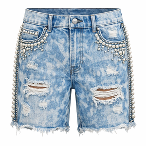 Pantalones cortos de mezclilla para hombre con logotipo personalizado del fabricante, doble rodilla, lavado ácido, vintage, estilo urbano regular, rectos, con bordado de pedrería - Product Image 2