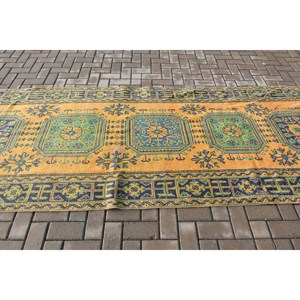 Alfombra Turca Vintage, Alfombra de Lana con Borde Azul de 4.1x11.5 pies - Product Image 3