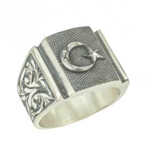 Men's 925 Sterling <b>Silver</b> <b>Ring</b> with Crescent Moon and Star Design Rectangular Stone Islamic Religious Symbol for Gift - Product Image 1