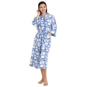 Boho-Kimono Style Lightweight Cotton Housecoat with Hand-Drawn Indian Floral Print 1-Piece - Product Image 5