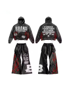 ชุดเสื้อผ้าแนวสตรีทผ้าคอตตอนแบบลำลองสำหรับผู้ชายชุดเสื้อผ้าแฟชั่นแบบสวมศีรษะของ100% ผลิตตามสั่ง - Product Image 2