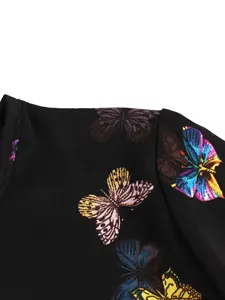 Robe en polyester pour femmes printemps automne Col long manches Papillon Fleur Impression numérique Moyen-Orient Taille élastique Anti-statique - Product Image 4