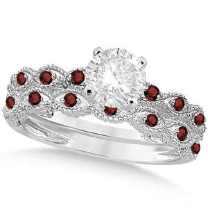 Vintage 18K White Gold Bridal <b>Set</b> with 0.70ct <b>Emerald</b> Cut Diamond & Garnet for Party or Gift Fine <b>Jewelry</b> <b>Sets</b> - Product Image 3
