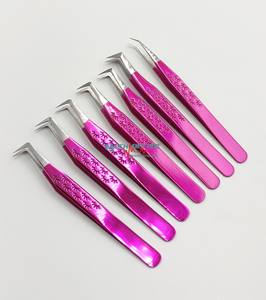 Pinzas de pestañas profesionales de acero inoxidable rosa fuerte al por mayor pinzas de pestañas de volumen de agarre perfecto punta de fibra estampado de pestañas - Product Image 2