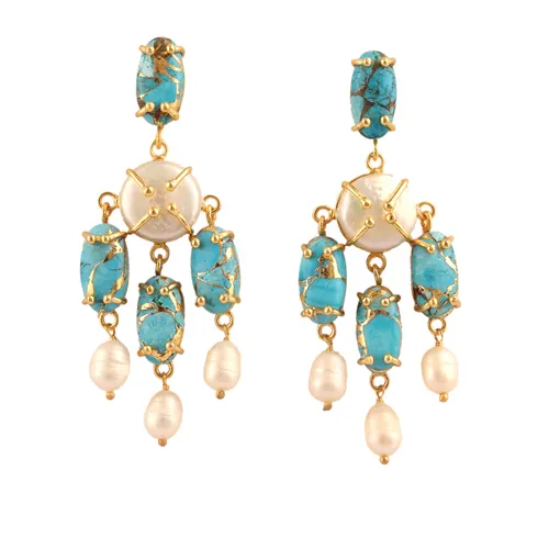 Fashion Big Dangle Drop Earrings Natural Pearl & Copper Turquoise Multi Stone Stud Dangle Earrings Gold Plated Prong Set Earring