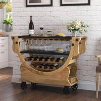 Chariot de bar en teck massif, artisanal, éco-responsable, style industriel antique, pour usage domestique, avec porte-bouteilles et porte-verres.