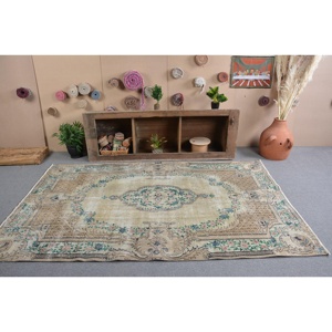 Alfombra Turca Vintage Clásica de Piel de Lana Hecha a Mano con Respaldo de Látex Rectangular, Color Beige y Verde, 4M - Product Image 1
