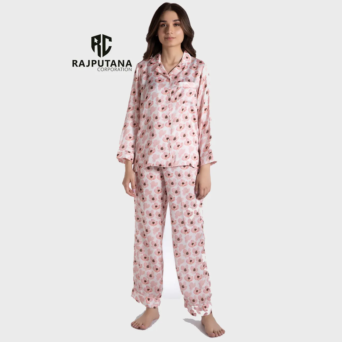 2023 yeni varış Streetwear gece pijama ipek baskılı uzun kollu gündelik giyim gömlek ve pantolon kadın pijama elbise