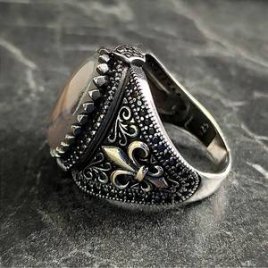 Men's Handmade Sterling <b>Silver</b> Cocktail <b>Ring</b> Oval White Agate Gemstone Royal Style Floral Fleur De Lys Symbol Bezel Setting - Product Image 4