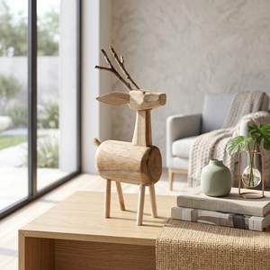 Handcrafted <b>wooden</b> deer anima sculpture <b>rustic</b> teak log branch animal statue reindeer stag table floor accent decoration unit - Product Image 4
