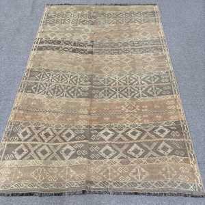Turkish Vintage Rug 4.2x6.4 ft, Kilim <b>Brown</b> Check <b>Wool</b> Rug - Product Image 1