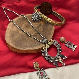 Stylish Antique Design Oxidized Necklace Set And Earrings And <b>Adjustable</b> <b>Ring</b> Set For Ethnic And Festive Wear For Women - Product Image 1