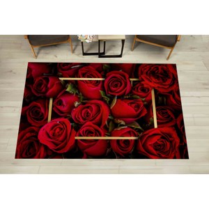 Red Rose Rug: Gold <b>Frame</b>, Floral Accent Rug, Machine Washable,With Pile Soft Rug - Product Image 3