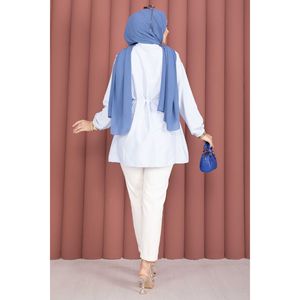Tunica Casual da Donna in Popeline e Chiffon, Dettaglio a Righe con Lacci, Azzurro, Vestibilità Ampia, Lunghezza Lunga per Primavera/Estate/Autunno XL - Product Image 4
