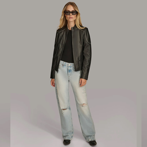 Veste en cuir noir en peau de mouton véritable de haute qualité au design unique pour femmes, teinte unie, style moto, matelassée, hiver - Product Image 2