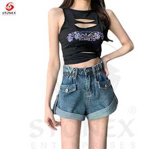 Venta al por mayor de pantalones cortos de Verano de la calle de mezclilla pantalones cortos de mezclilla de color sólido de primera calidad con logotipo personalizado para mujer - Product Image 3