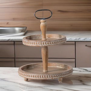 ถาดเสิร์ฟทรงกลม 2 ชั้น แบบไม้ พร้อมห่วงโลหะสำหรับจับ สำหรับผลไม้ เค้ก ขนมอบ ตกแต่งบ้านและครัว - Product Image 1