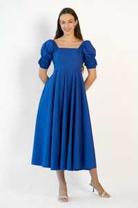 2025 precio más bajo Boho mujer Casual cuello cuadrado señoras Maxi vestido 100% algodón Midi-longitud azul natural mujeres vestido - Product Image 5