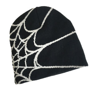 Chapeau d'hiver unisexe en tricot acrylique rouge et noir en forme de toile d'araignée, réversible, avec logo personnalisé - Product Image 4