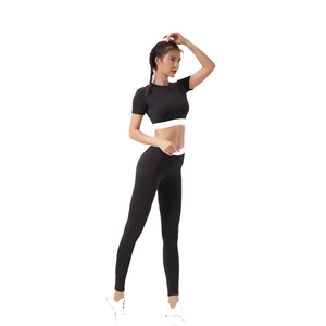 100% Cotton Custom Women's 2 Piece Activewear Set Black <b>Crop</b> Top High Waist <b>Leggings</b> Fitness Workout Sportswear Set Manufacturer - Product Image 5
