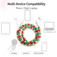 Kabel Pengisi Daya USB Bertema Natal 4 in 1 dengan Manik-manik, Kabel Data Dekoratif untuk Liburan