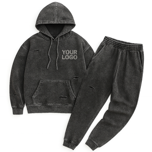 Sun-Faded Distressed Streetwear Conjunto de chándal sólido Sudadera con capucha + Joggers A prueba de viento Transpirable Logotipo personalizado Diseño de invierno Unisex - Product Image 2