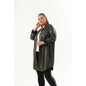Chemise tunique oversize en similicuir pour femme RMG, couleur kaki, avec fermetures à boutons pression et fentes latérales, haut tendance grande taille pour un usage décontracté - Product Image 3