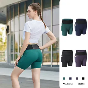 Femmes taille haute bout à bout Tennis Badminton Yoga Fitness Compression Gym collants Shorts S-XL solide téléphone poche course Shorts - Product Image 2